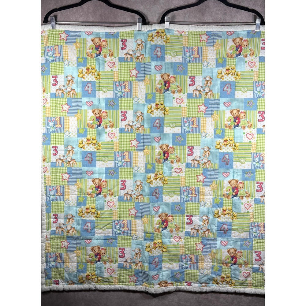 Vintage Baby Quilt Pastel Animals‎ Duck Bunny Lamb Hand Quilted 40x44 Nursery